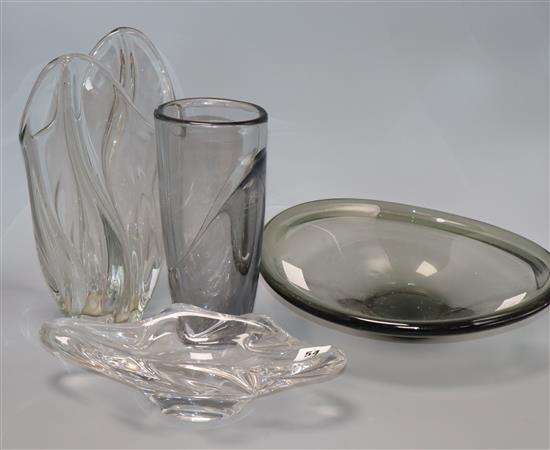 Two Art Glass vases and two dishes tallest 30cm